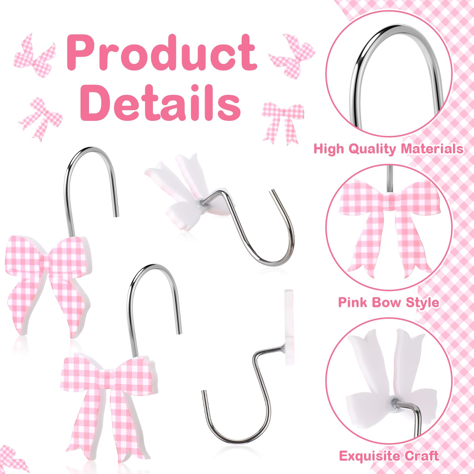 Pink Bow Shower Curtain Hooks Metal Rustproof Curtain Hangers