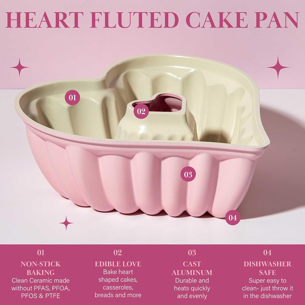 Paris Hilton 9-Inch Heart-Shaped Fluted Cake Pan, Cast Aluminum with Ceramic Nonstick Coating, Dishwasher Safe, Pink