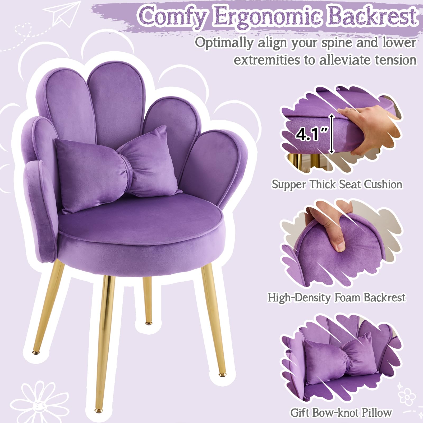 Cute, non-wheeled desk chair with backrest, fluffy cushion, cozy makeup chair with adjustable golden legs