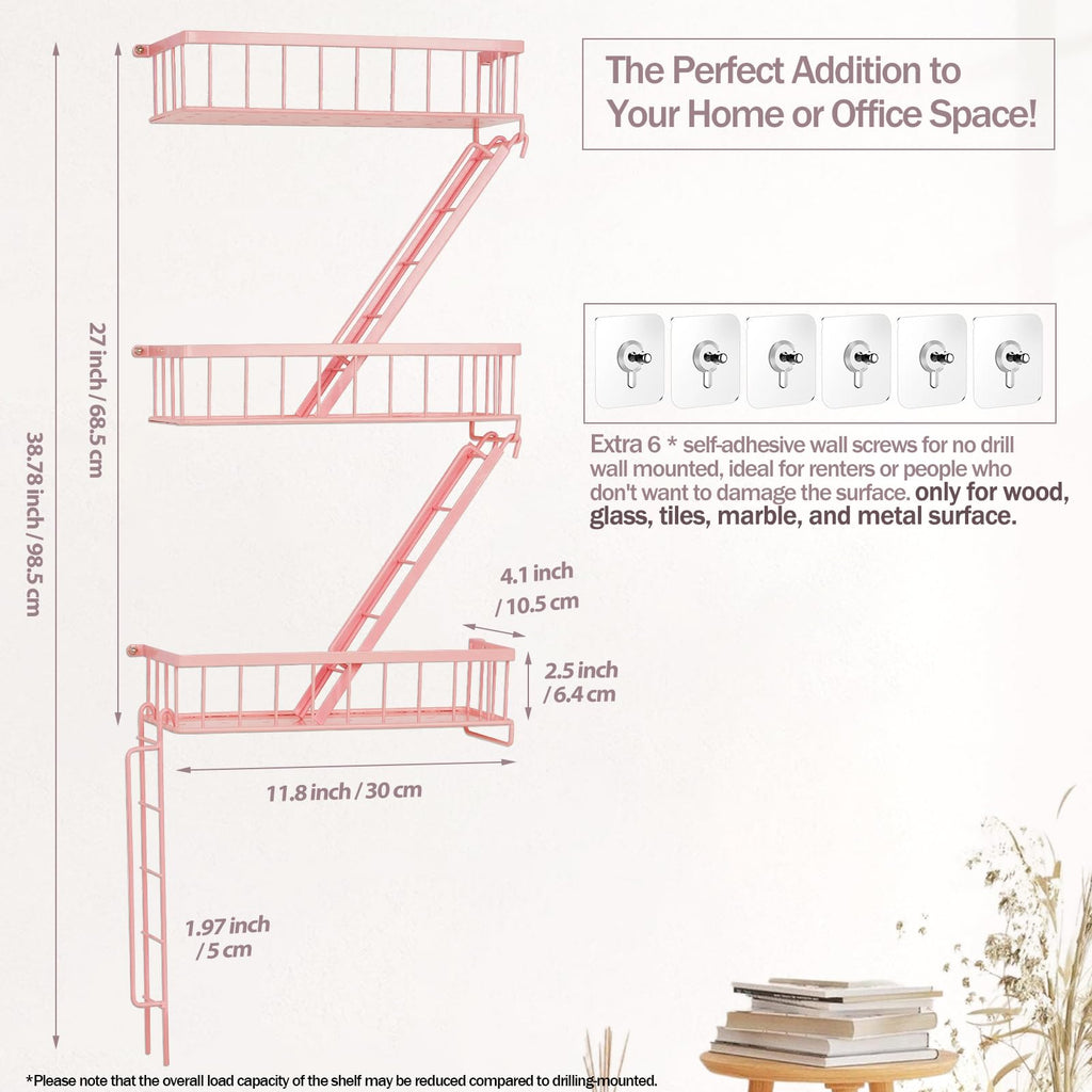 Fire Escape Shelf - Wall Decor Floating Shelves, Cute Metal Ladder Shelving for Bedroom, Home Decor Display (3-Tier)