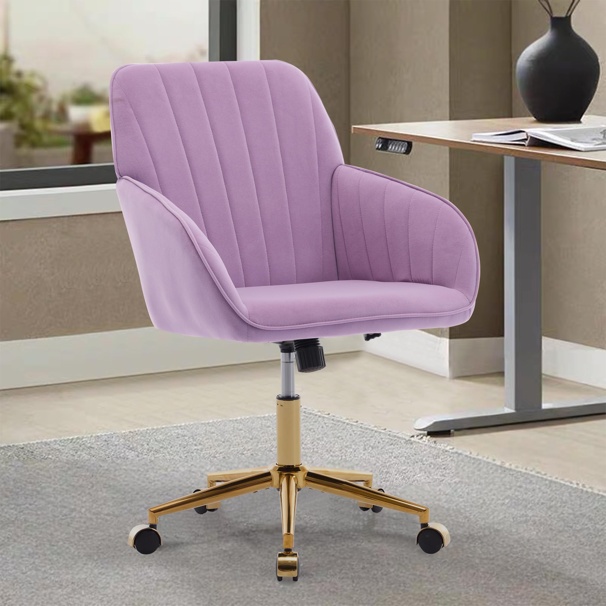 Modern Vanity Velvet Adjustable Low Back Rolling Chair, Twill Upholstered Cute Chair with Wheels