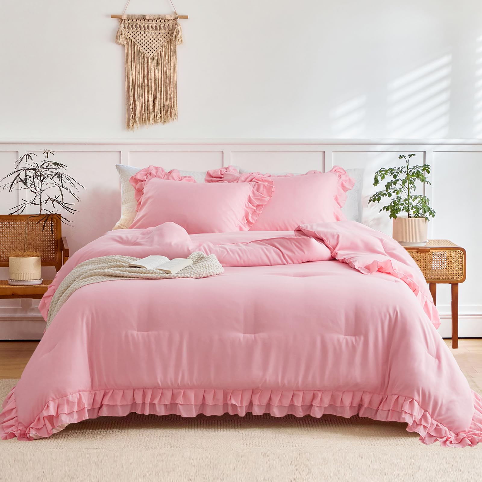 Ruffled Comforter Set Twin Size, 3 Pieces (1 Ruffled Comforter and 2 Pillowcases) Shabby Chic Style with 2 Layers Ruffle, Solid Color Lightweight Soft Fluffy Bedding Sets