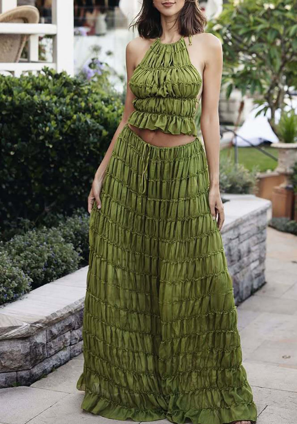 Skirt Sets Women 2 Piece Outfits Backless Halter Top And Pleated Ruffle Flowy Maxi Skirts Y2k Beach Vacation Set