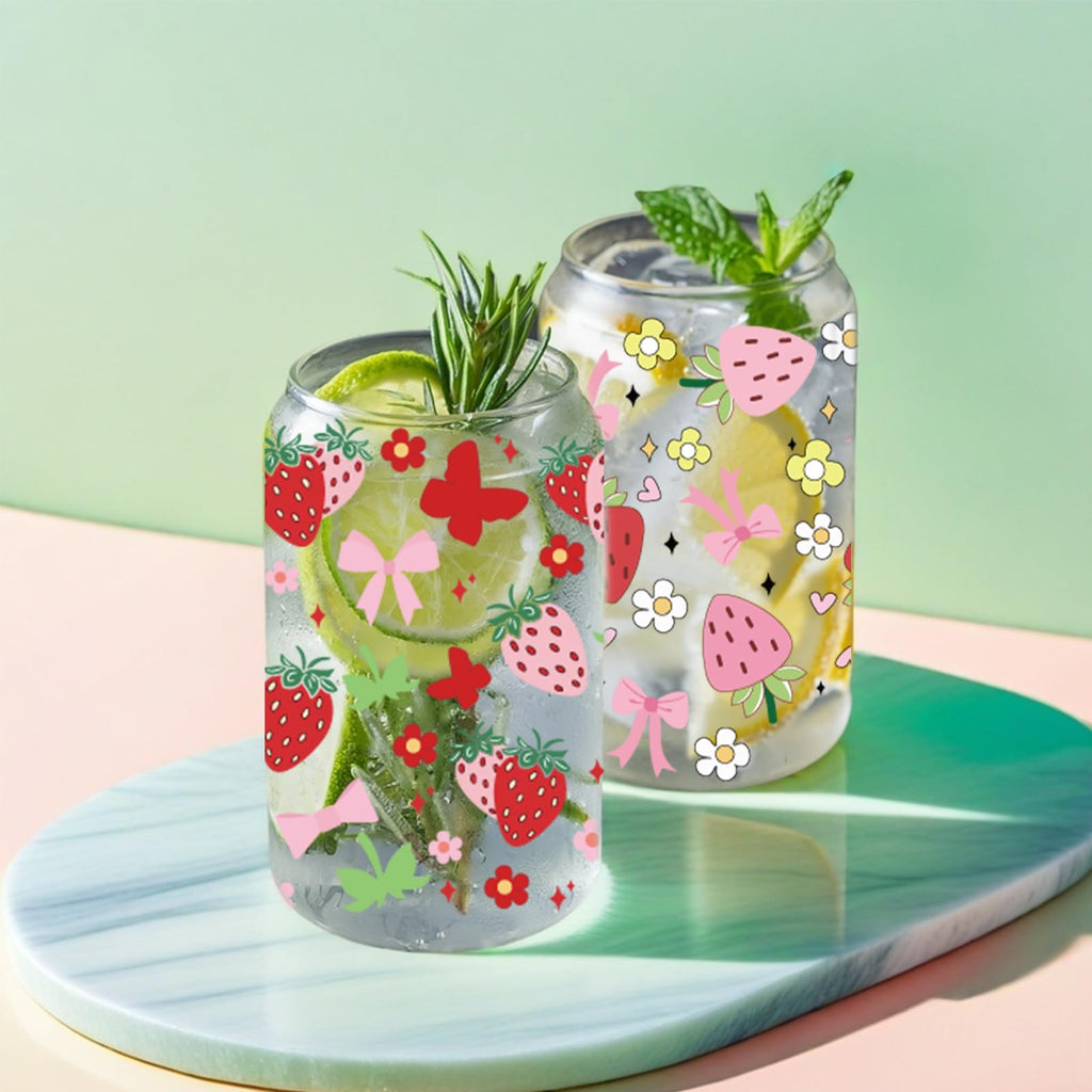 Cute 16oz Glass Cups with Lids and Straws, 2 Pack