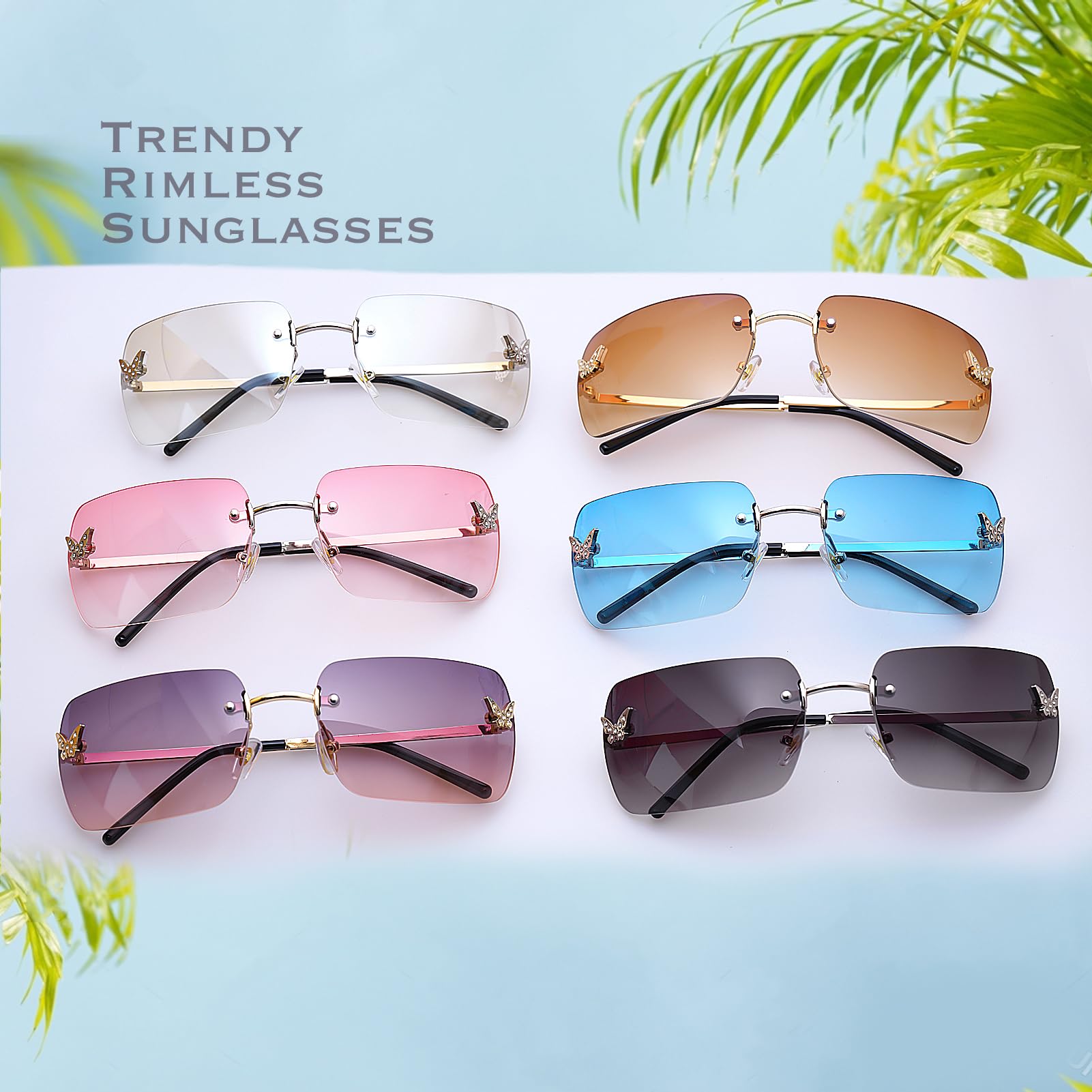 Rimless Rectangle Y2k Sunglasses Cute Small Clear Frameless Tinted Lens 2000S Fashion Shades Butterfly