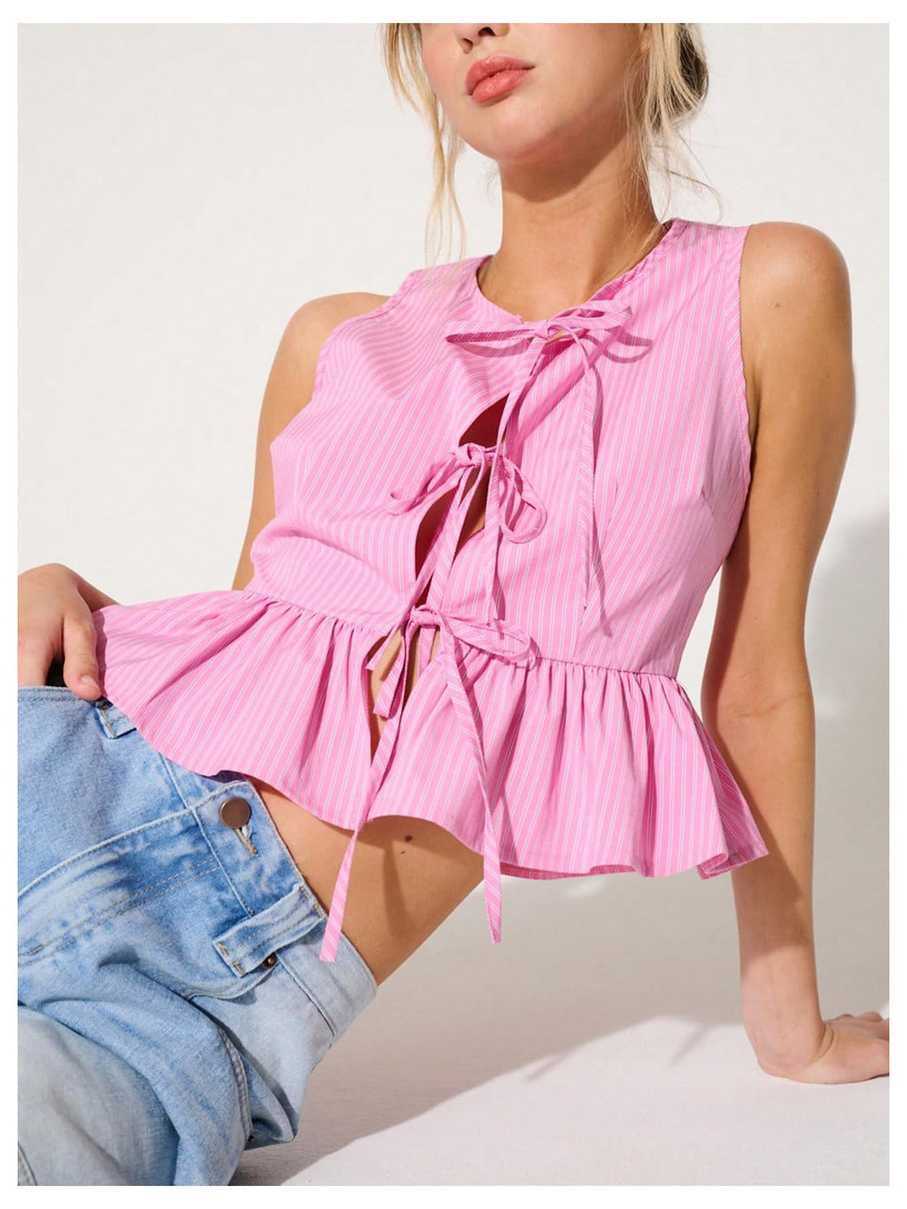 Women's Striped Print Tie Front Tops Sleeveless Ruffle Hem Vest Blouse Top