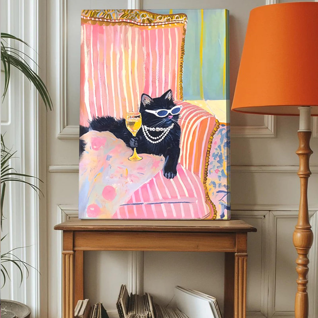 Pink Black Cat With Martini Canvas Wall Art Pink Dopamine Bar Cart Wall Decor Eclectic Coquette Aesthetic Poster Print