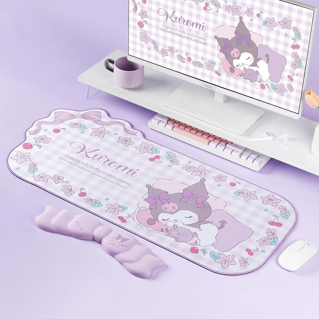 Kawaii Anime Mouse Pad Wrist Rest Support Set - Non-Slip Desk Mat and Memory Foam Bowknot Wrist Rest for Keyboard and Mouse,Perfect for Gaming or Home Office Work