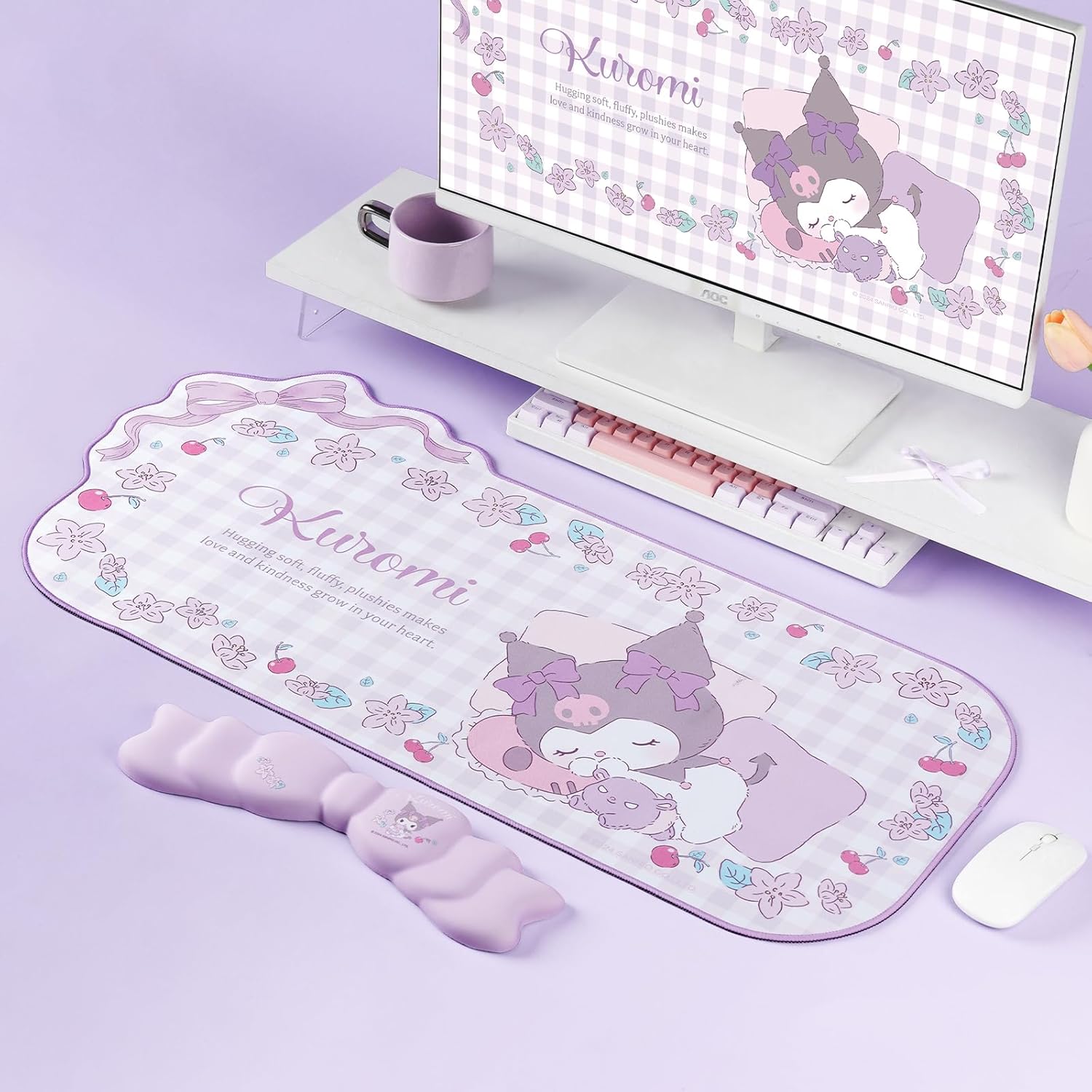 Kawaii Anime Mouse Pad Wrist Rest Support Set - Non-Slip Desk Mat and Memory Foam Bowknot Wrist Rest for Keyboard and Mouse,Perfect for Gaming or Home Office Work