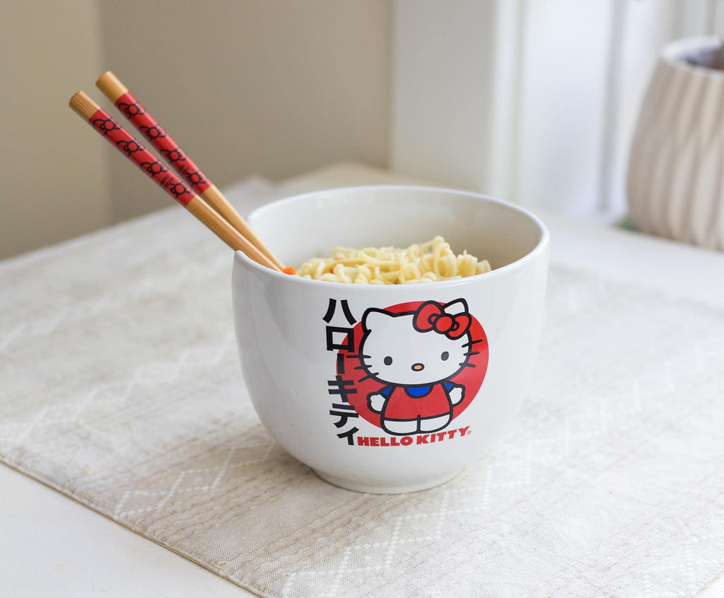 Ceramic Sanrio Hello Kitty Ramen Noodle Rice Bowl with Chopsticks, Microwave Safe