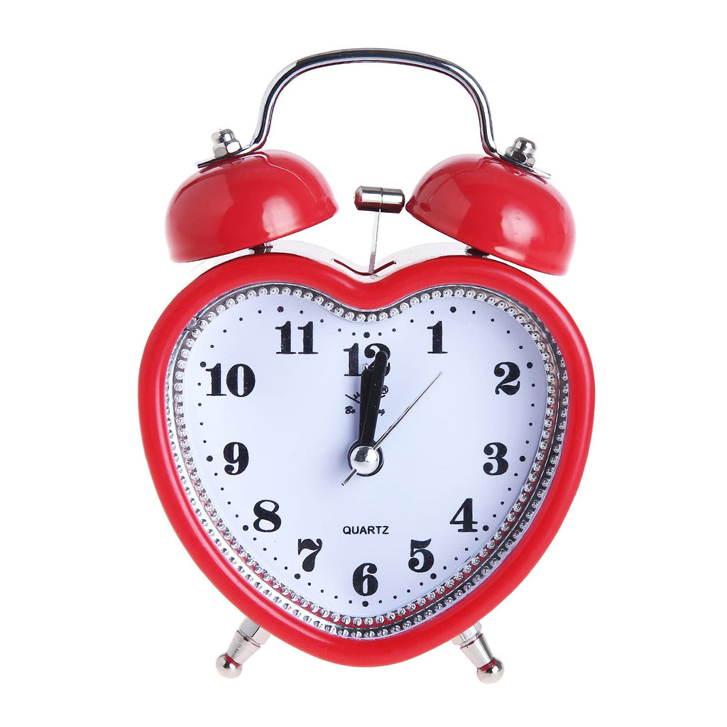 Cute Heart Shapes Twin Bell Loud Alarm Clock Silent Analog Quartz Nightlight Tableclock Battery Operated for Kids, Seniors, Heavy Sleepers, Decorations for Bedroom, Living Room 3 Inches