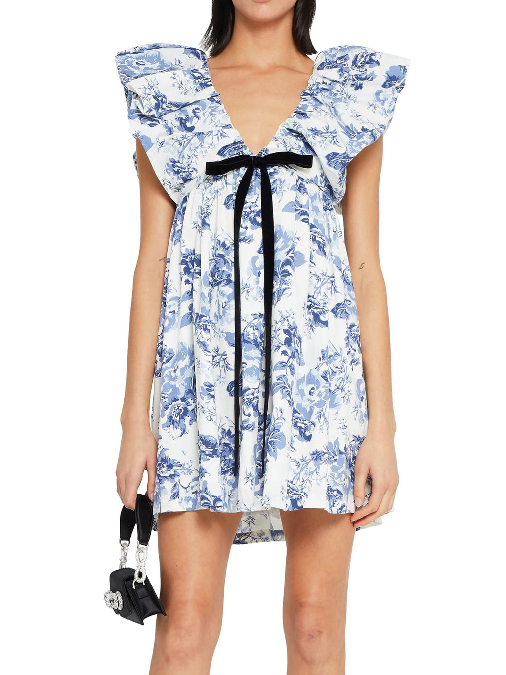 Women's Mini Dress V Neck Puff Sleeve Dress Short Babydoll Bow Dress