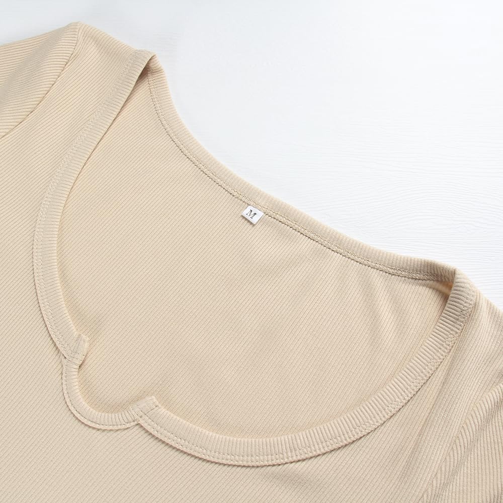Women's Short Sleeve T-Shirts Form Fitting Ribbed Knit V Notch Scoop Neck Basic Crop Top