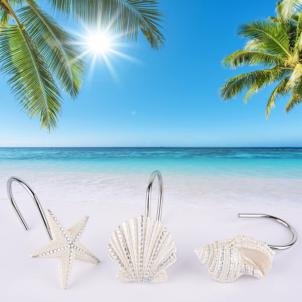 Seashell Shower Curtain Hooks, 12PCS Anti Rust Decorative Resin Hooks for Bathroom