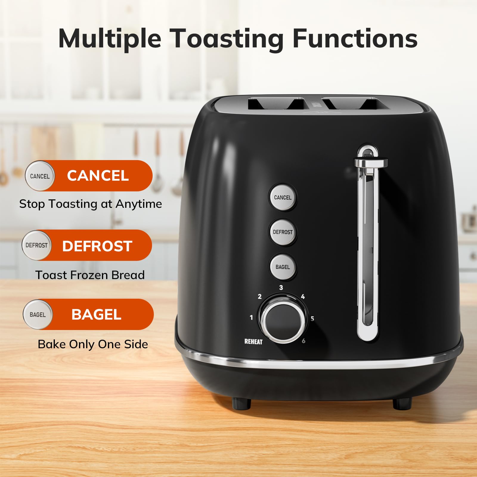 Toaster 2 Slice Stainless Steel with 6 Bread Shade Settings, Retro Toaster with Extra Wide Slot