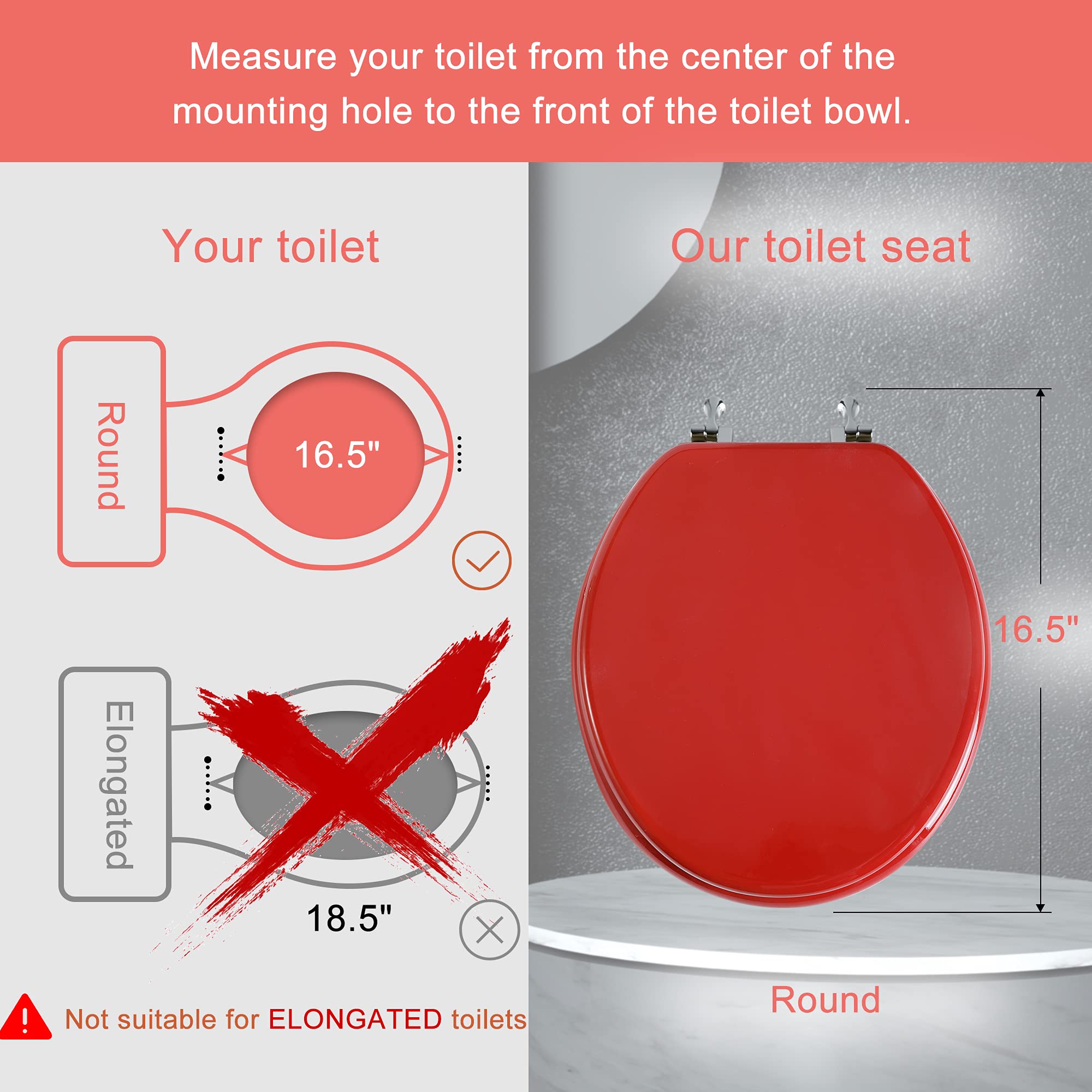Round Toilet Seat Natural Wood Toilet Seat with Zinc Alloy Hinges, Easy to Install also Easy to Clean, Scratch Resistant