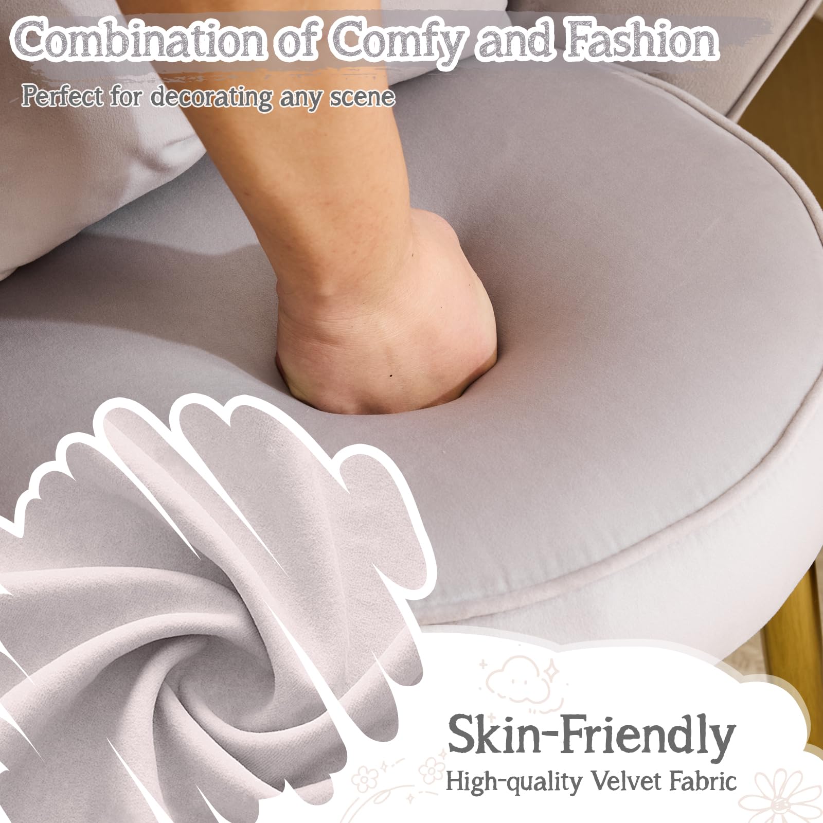 Cute, non-wheeled desk chair with backrest, fluffy cushion, cozy makeup chair with adjustable golden legs