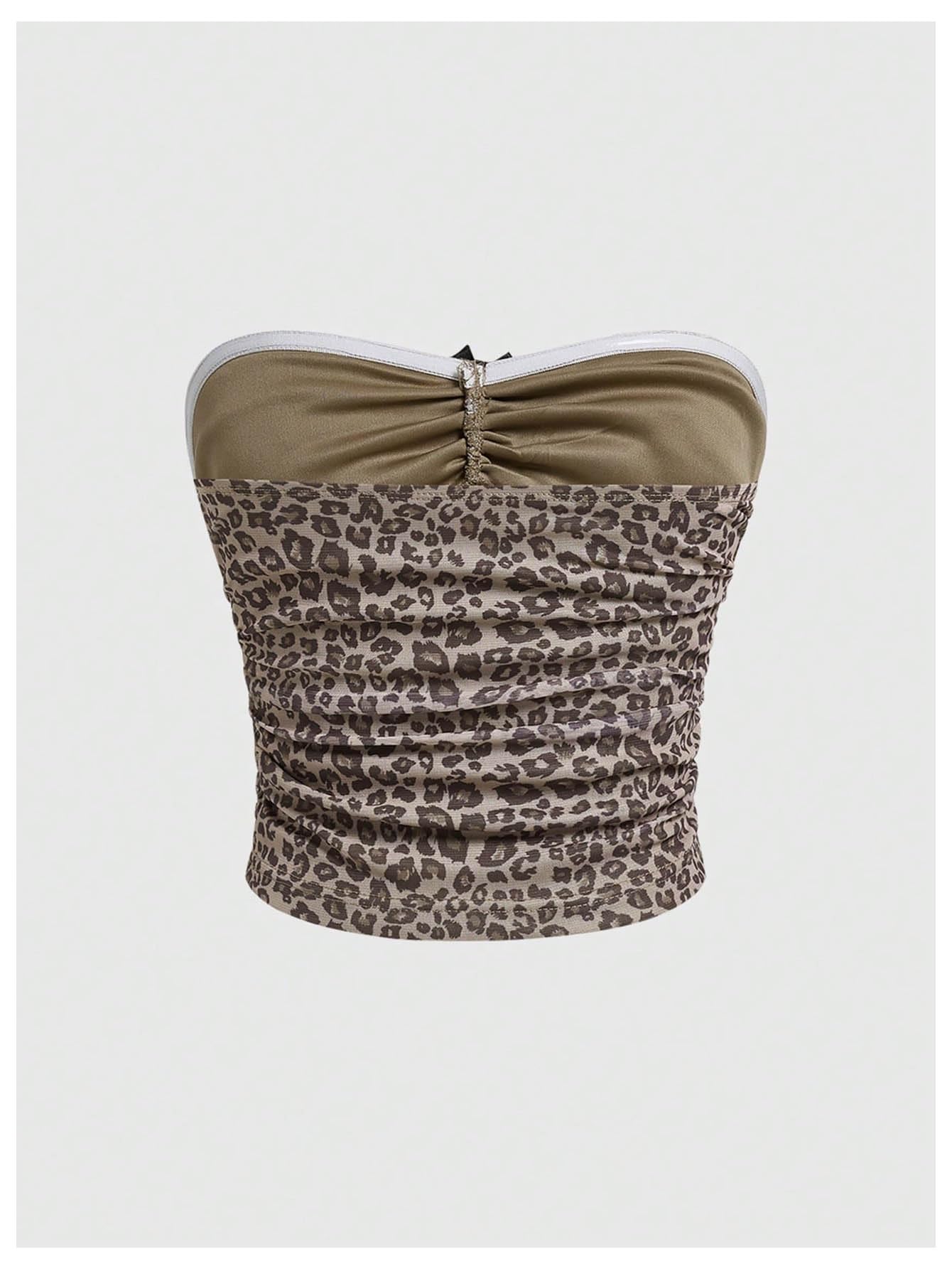 Women's Leopard Print Ruched Strapless Bandeau Top Meah Casual Sleeveless Bow Slim Fit Cheetah Print Tube Crop Tops