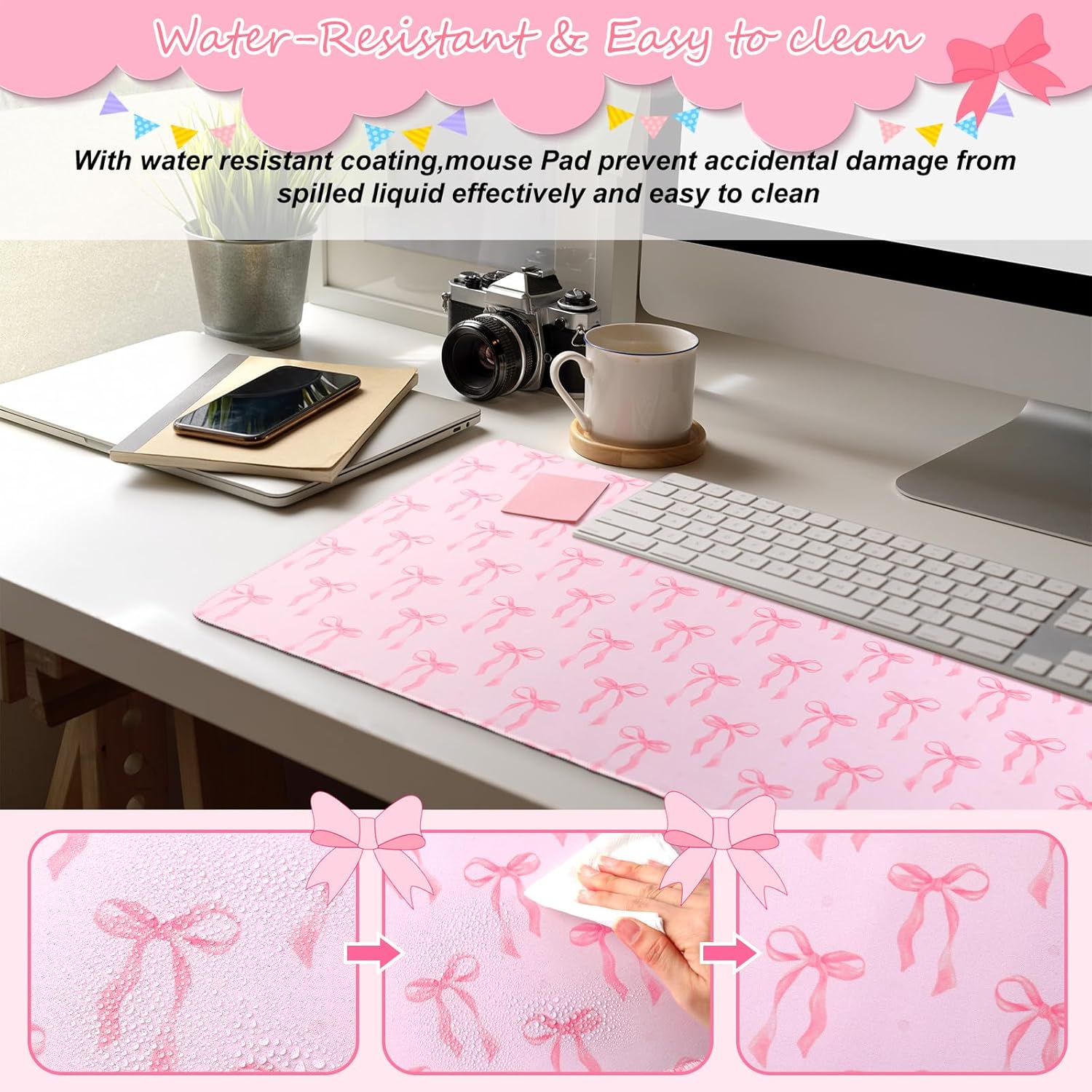 Coquette Kawaii Mouse Pad - Large Pink Bows Mouse Pads Pad 31.5 x 15.75 Inches Non-Slip Rubber Base