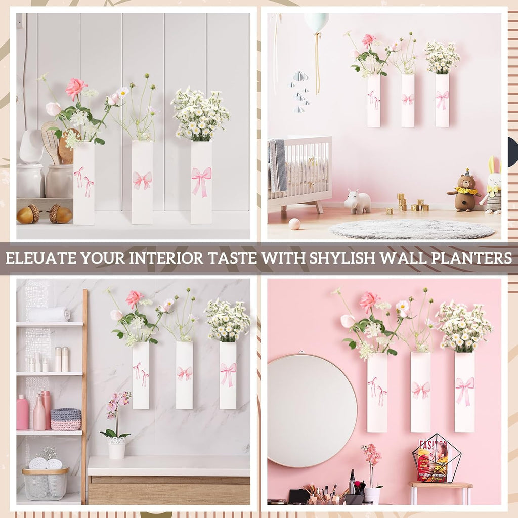 Pink Bow Vase Wood Wall Art Decor Coquette Wall Planter for Flowers Hanging Pocket  3 Pack