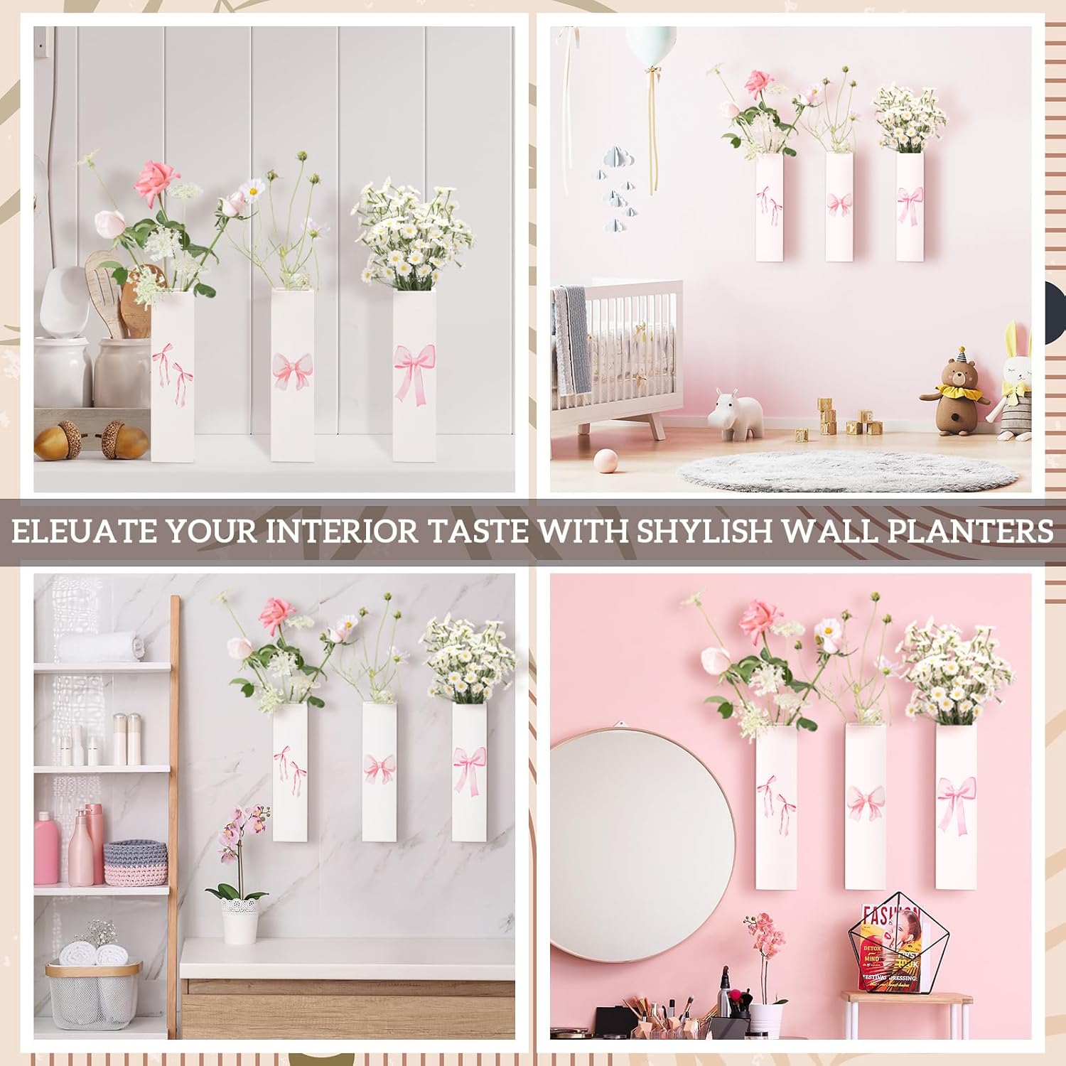 Pink Bow Vase Wood Wall Art Decor Coquette Wall Planter for Flowers Hanging Pocket  3 Pack
