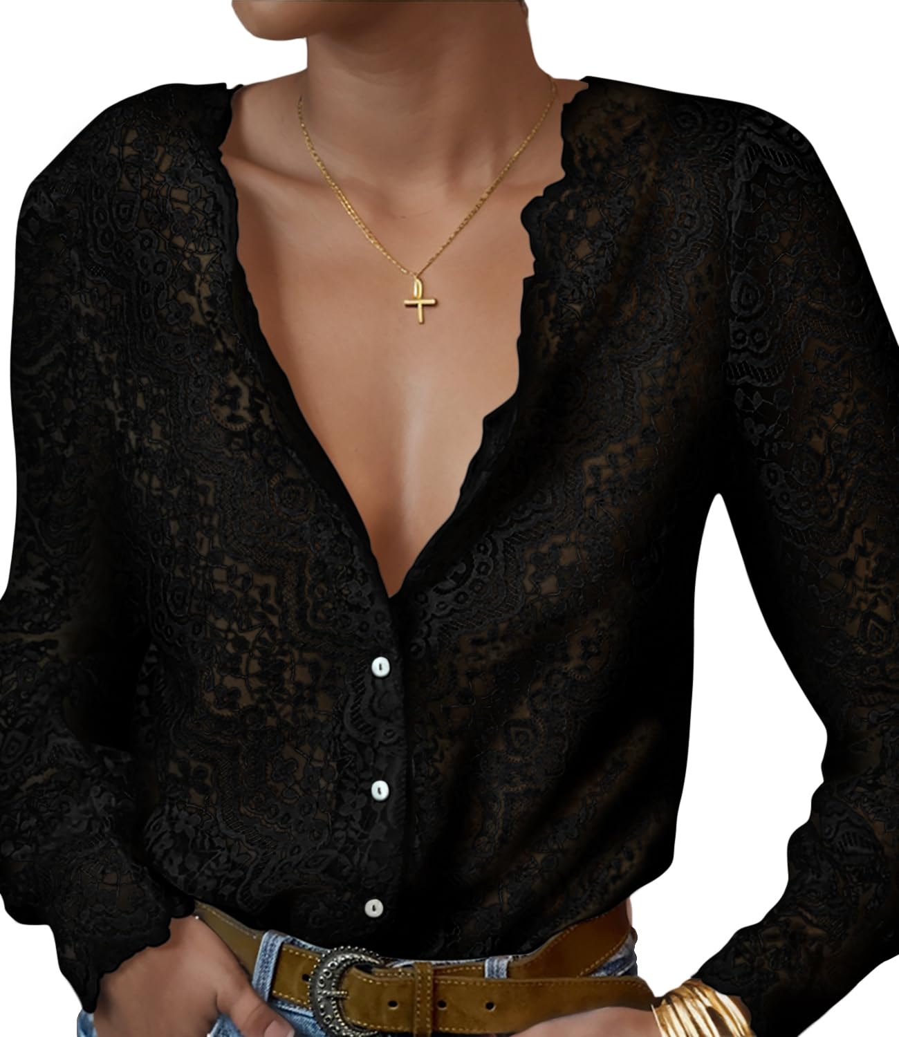 Lace Tops Blouses Puff Long Sleeve V Neck Button Down p