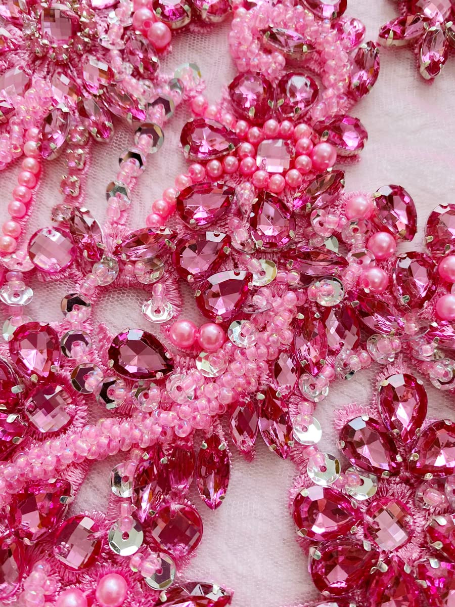 Handmade red/Blue/Gold/Green Rhinestones lace Bodice Applique Sewing Beads Crystal Trim Patches Accessory for Dress Clothes (Rose red)