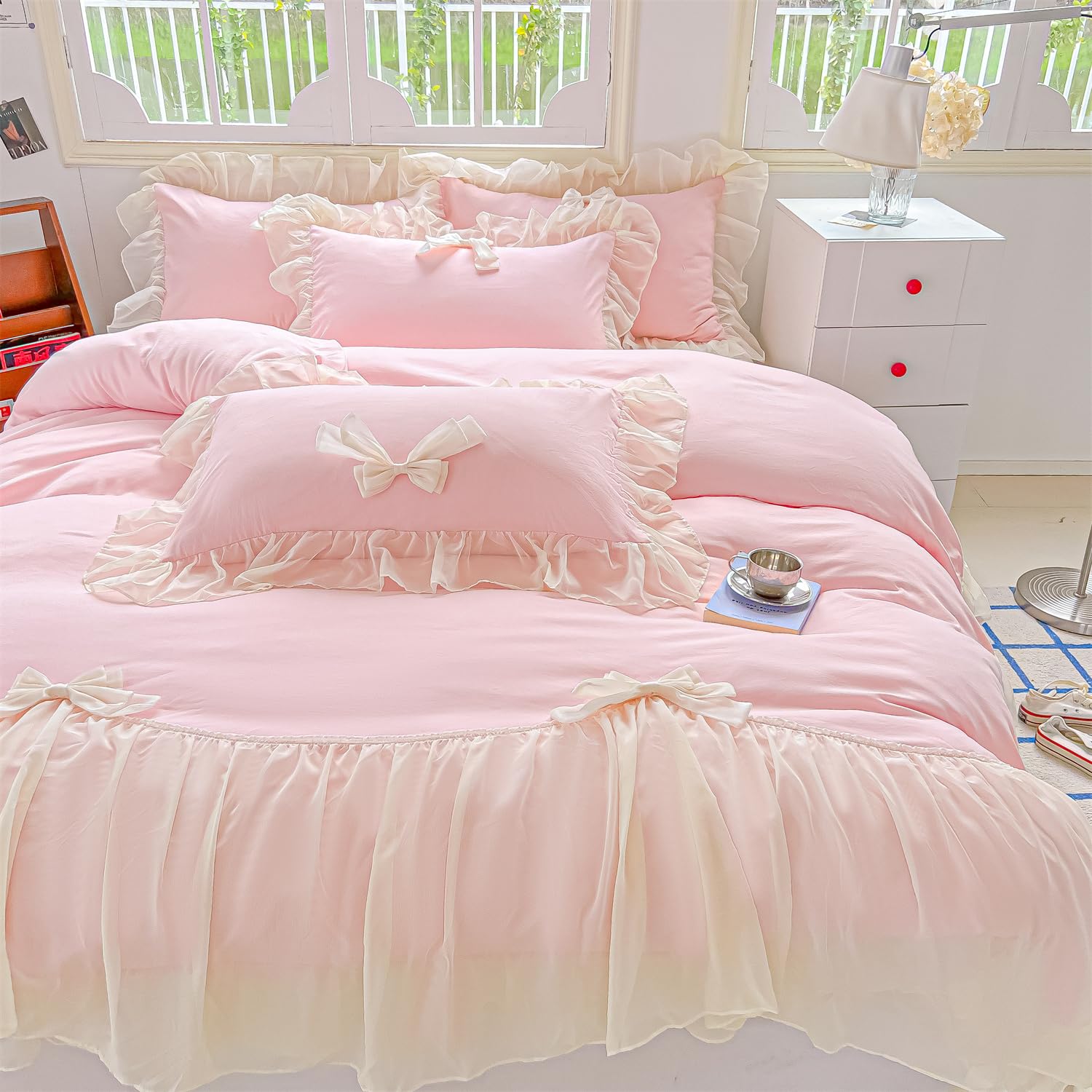 Girls Lace Bedding,Queen Comforter Cover Set, Chic Ruffled Duvet Cover with Lovely Bow,Princess Style 1 Duvet Cover with 2 Pillowcases, No Comforter-Hot Pink,Full Size