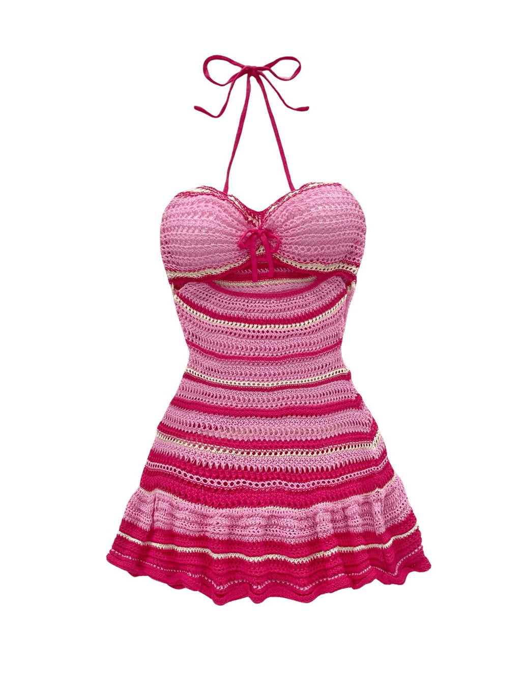 Women's Striped Halter Cut Out Tie Backless A Line Ruffle Short Dress