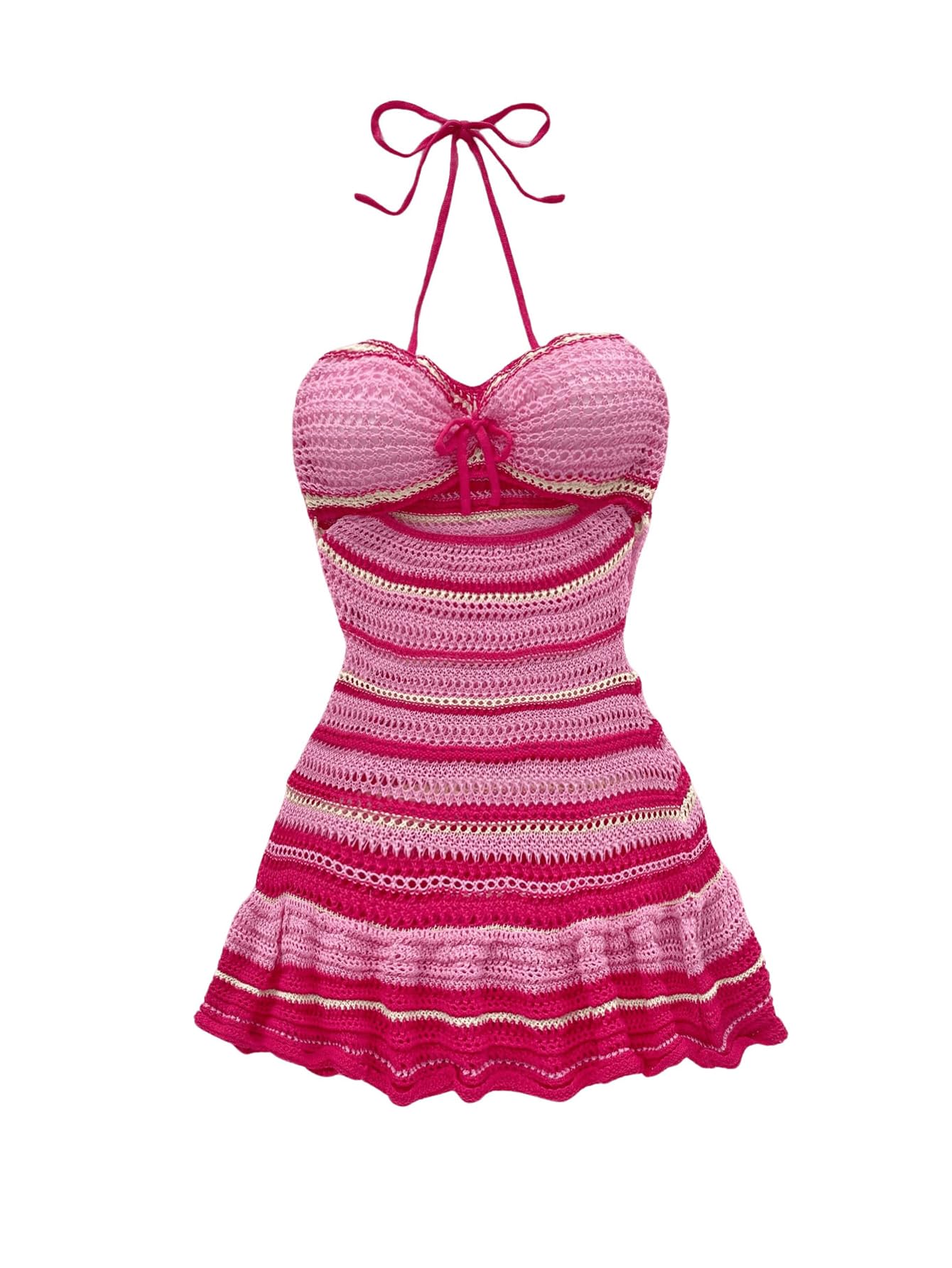 Women's Striped Halter Cut Out Tie Backless A Line Ruffle Short Dress