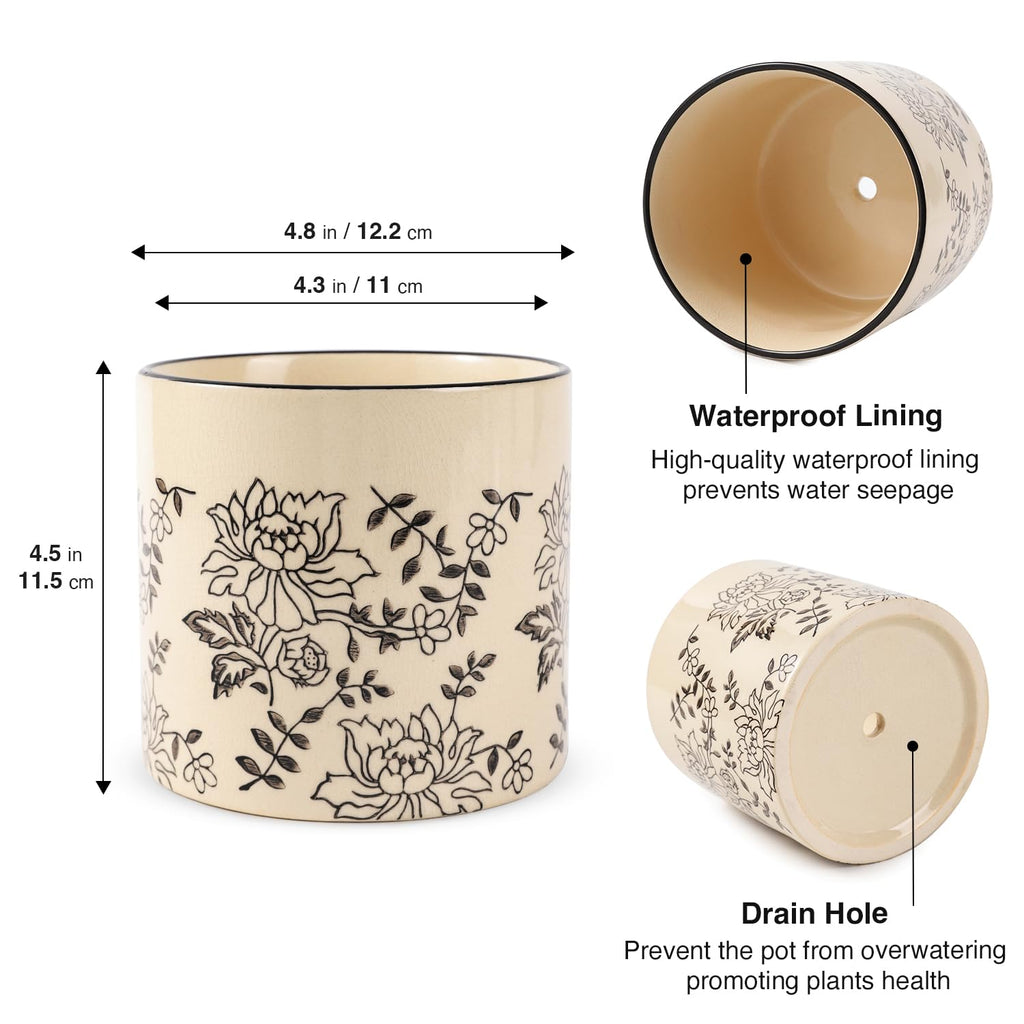 Ceramic Planters for Indoor Plants, Small Plant Pots with Drainage, Unique Decorative Cute Flower Pot Panthers Round Flowerpots 5 Inch