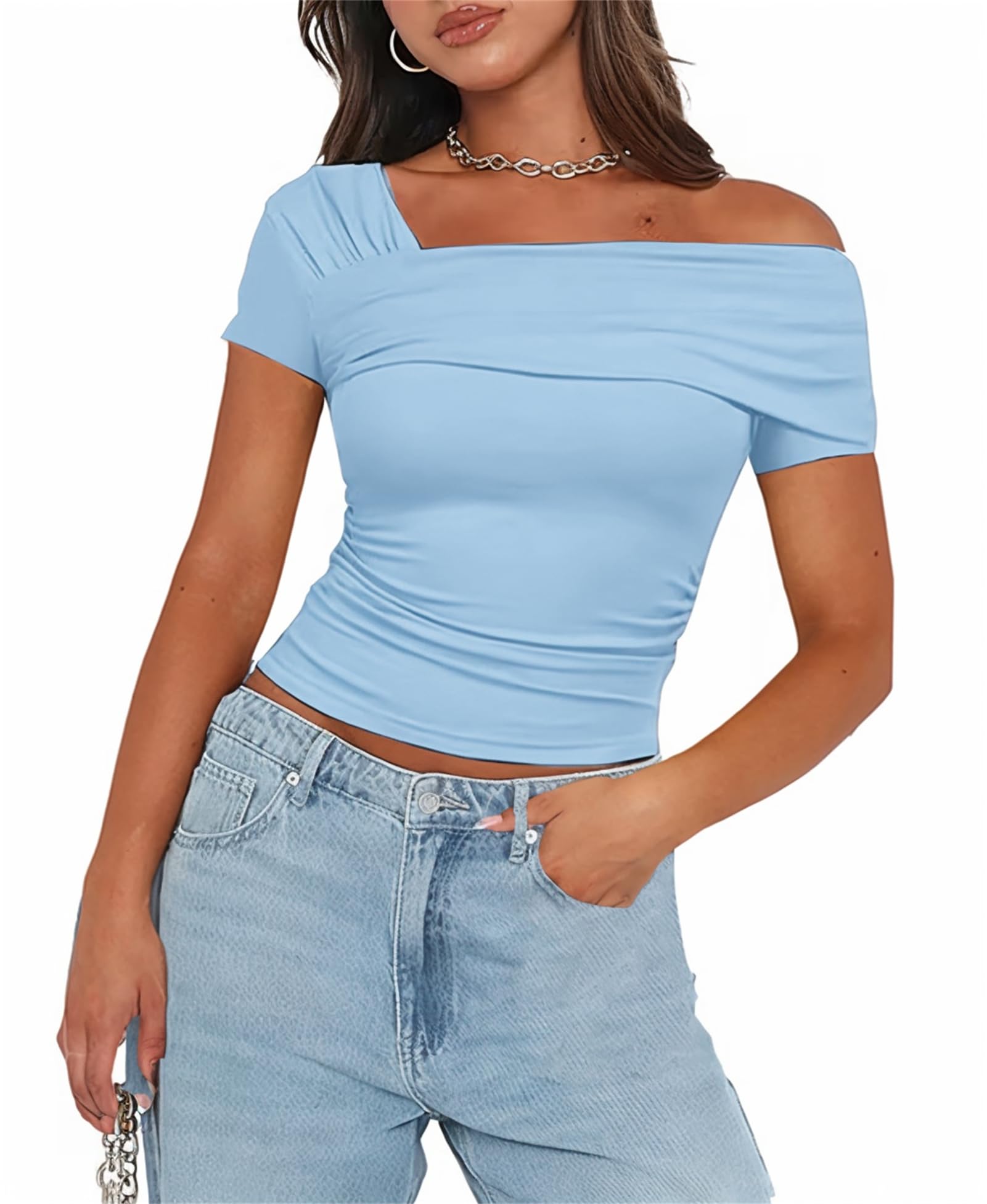 Women's One Off The Shoulder Top - Short Sleeve Ruched Going Out Crop Top Slim Fit Y2K T Shirt