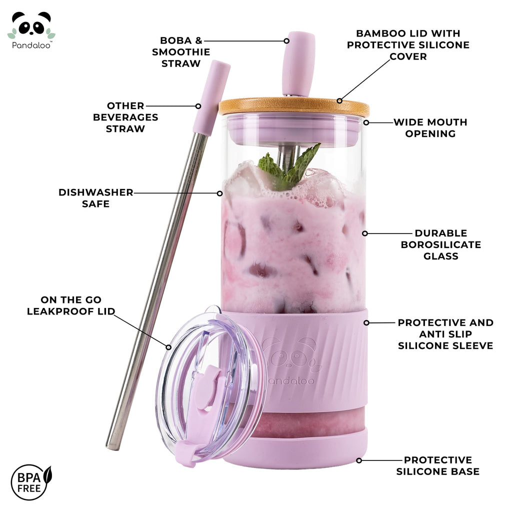 Pandaloo® Glass Cups With Lids and Straws -20 Fl Oz- Perfect Size Iced Coffee Cup - Smoothie Cup With Bamboo Lid and On the go Lid - Glass Tumbler With Straw