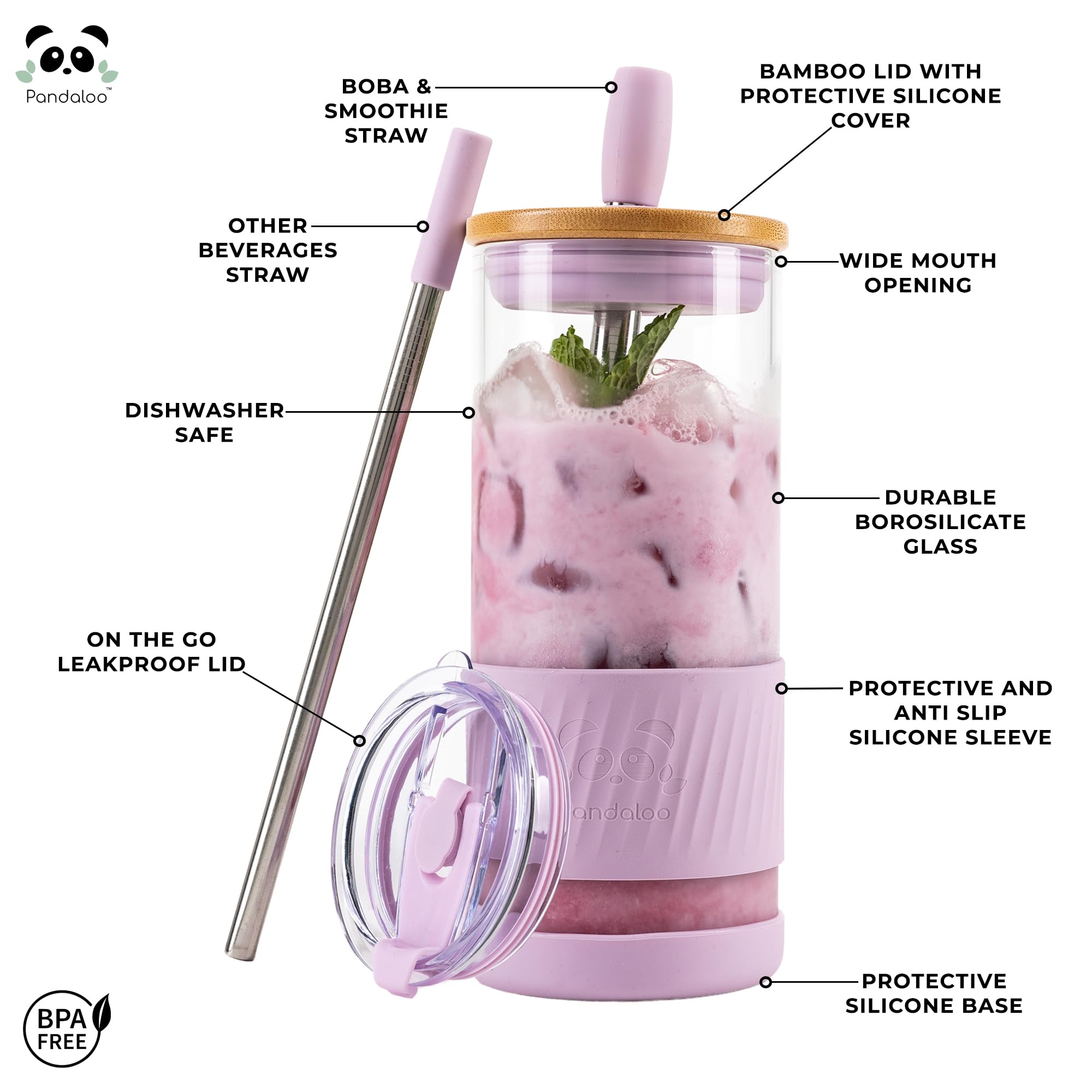 Pandaloo® Glass Cups With Lids and Straws -20 Fl Oz- Perfect Size Iced Coffee Cup - Smoothie Cup With Bamboo Lid and On the go Lid - Glass Tumbler With Straw