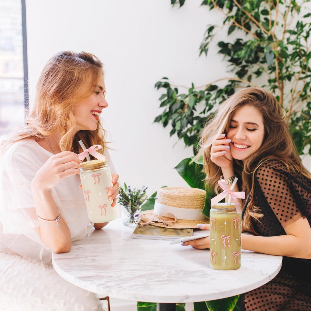 Coquette Black Bow Aesthetic Cup With Gift Box 16oz Glass Cup with Lids Straws and Black Bow Iced Coffee Smoothie Cute Tumbler with Cleaning Brush