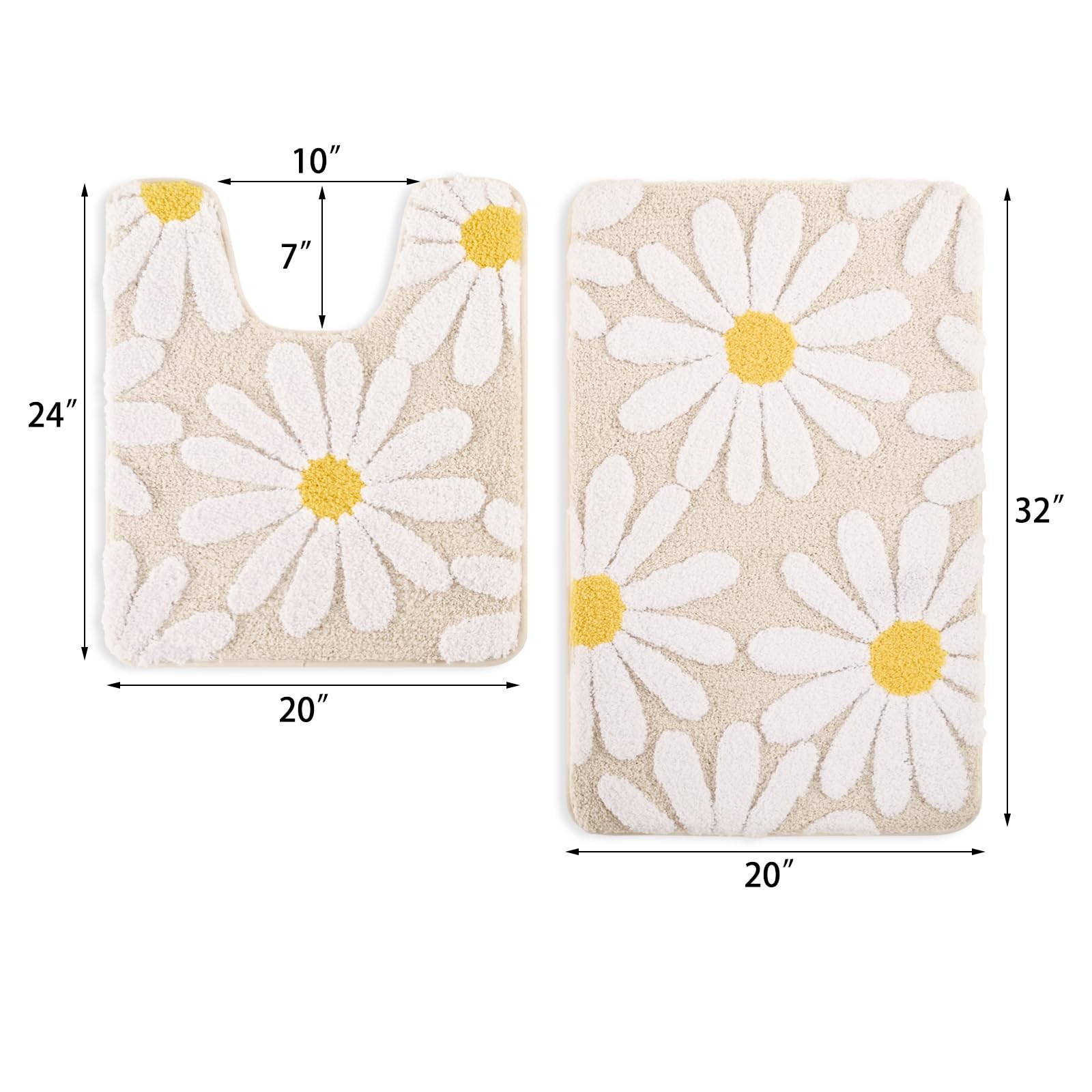 U Shaped Toilet Mat Cute Daisy Contour Bath Rug 20"x20", Extra Thick Soft Machine Washable Toilet Carpet, Non Slip Bathroom Floor Mats Super Absorbent Microfiber Bath Rugs