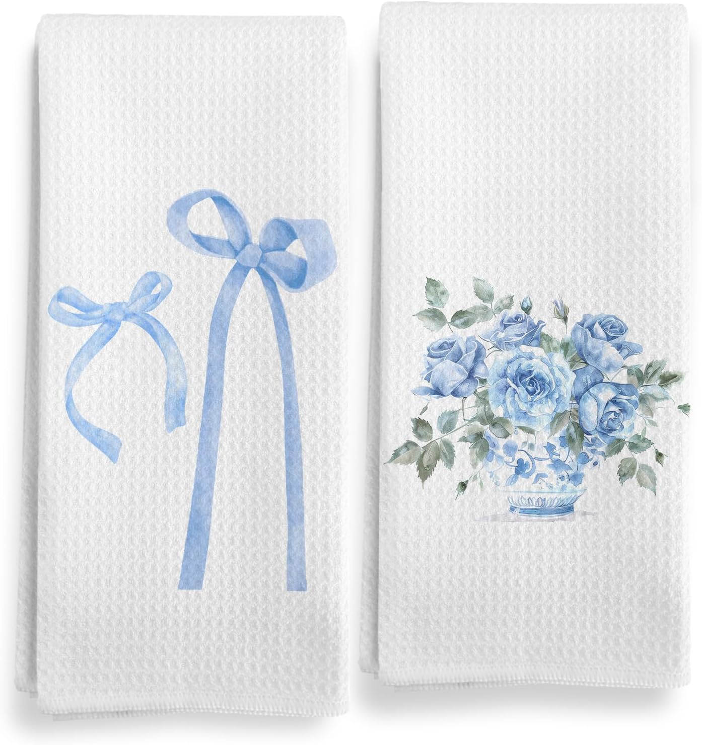 Preppy Blue Bow Floral Kitchen Towels, Bow Decor, 16x24in