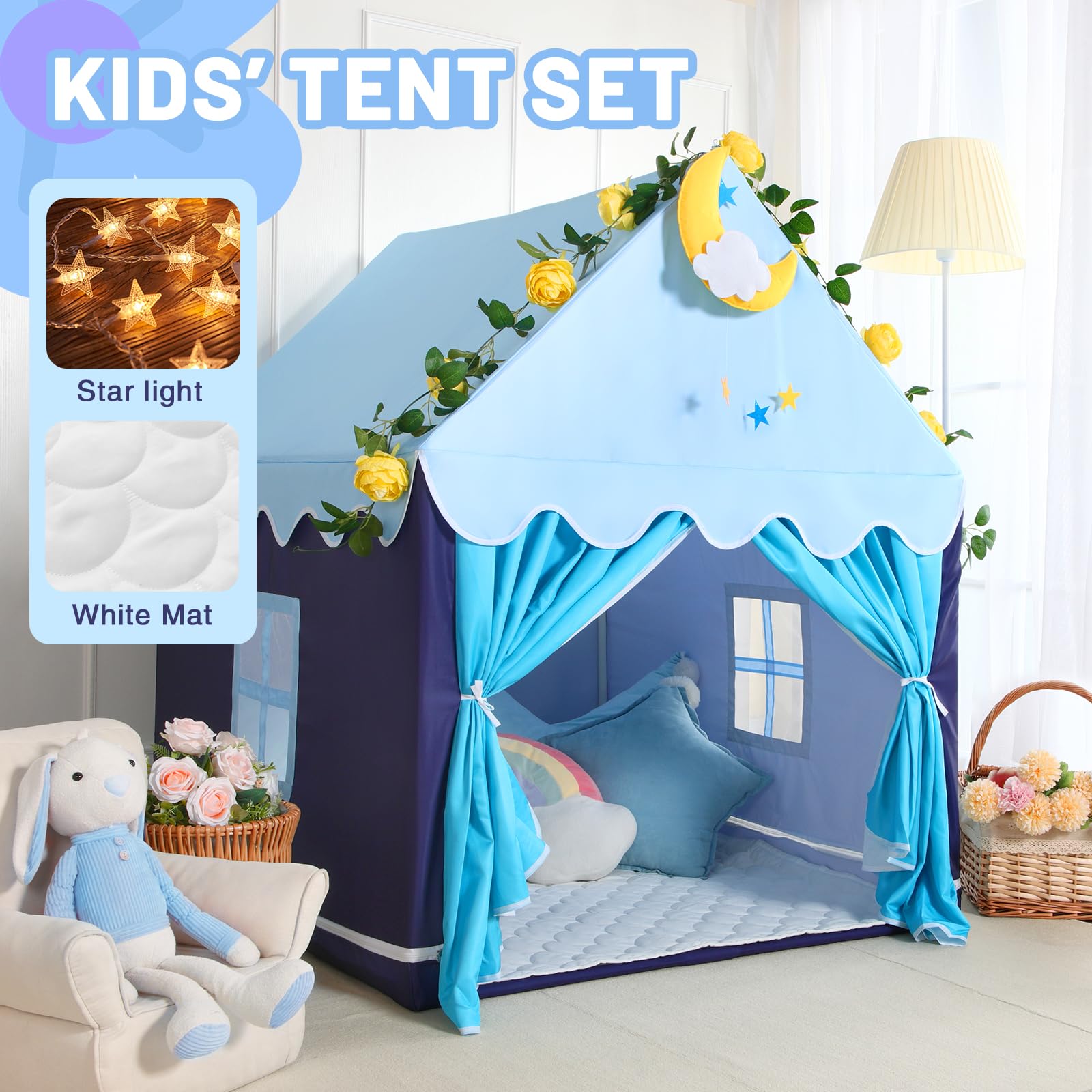 Kid Tent with Mat, Star Lights - Kids Play Tents for Toddlers Kids Tents Indoor Playhouse - Princess Tent for Girls Toy House