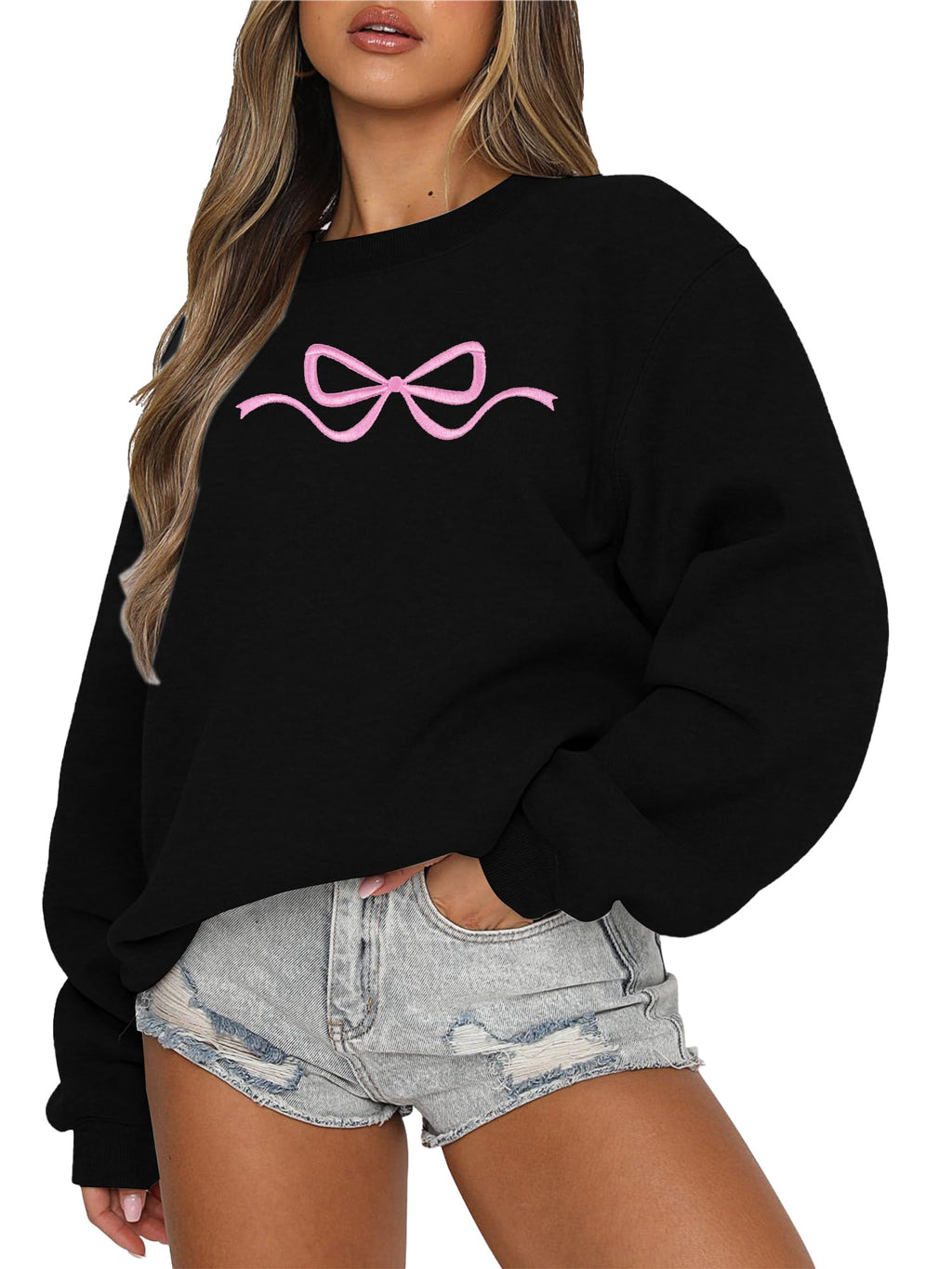 Ladies Bow Sweatshirt Coquette Sweater - Embroidered sweatshirt Clean Girl Aesthetic Shirt Fall Crewneck Pullover