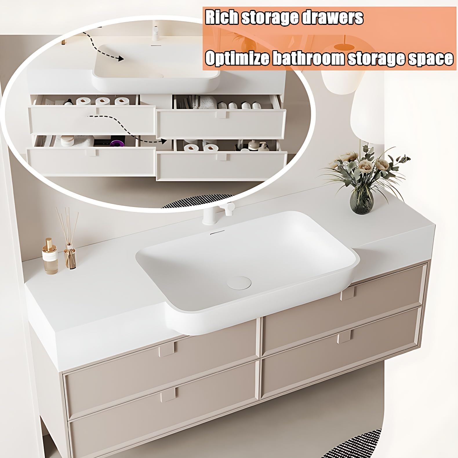 Elevated Bathroom Vanity with Sink & Smart Defogging Mirror, Floating Bathroom Vanity for Small Space, Solid Wood Material