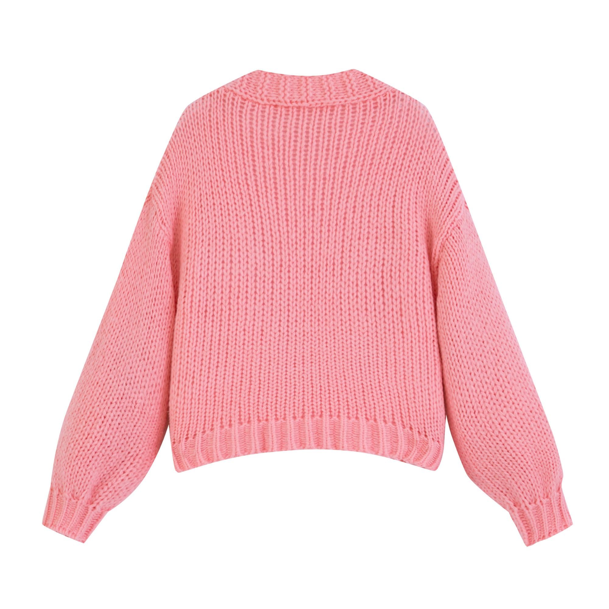 Women's Kawaii Strawberry Embroidered Cardigan Long Sleeve V Neck Chunky Knitted Cardigans