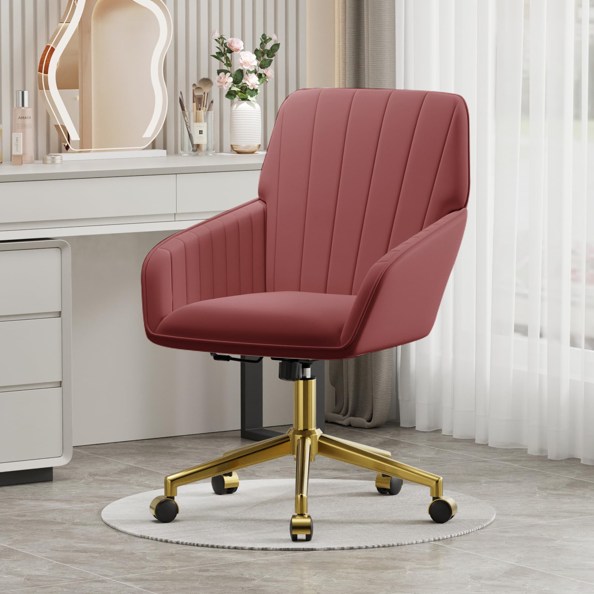 Velvet Modern Cute Chair with Back, Height Adjustable Upholstered Vanity Chair with Swivel Wheels