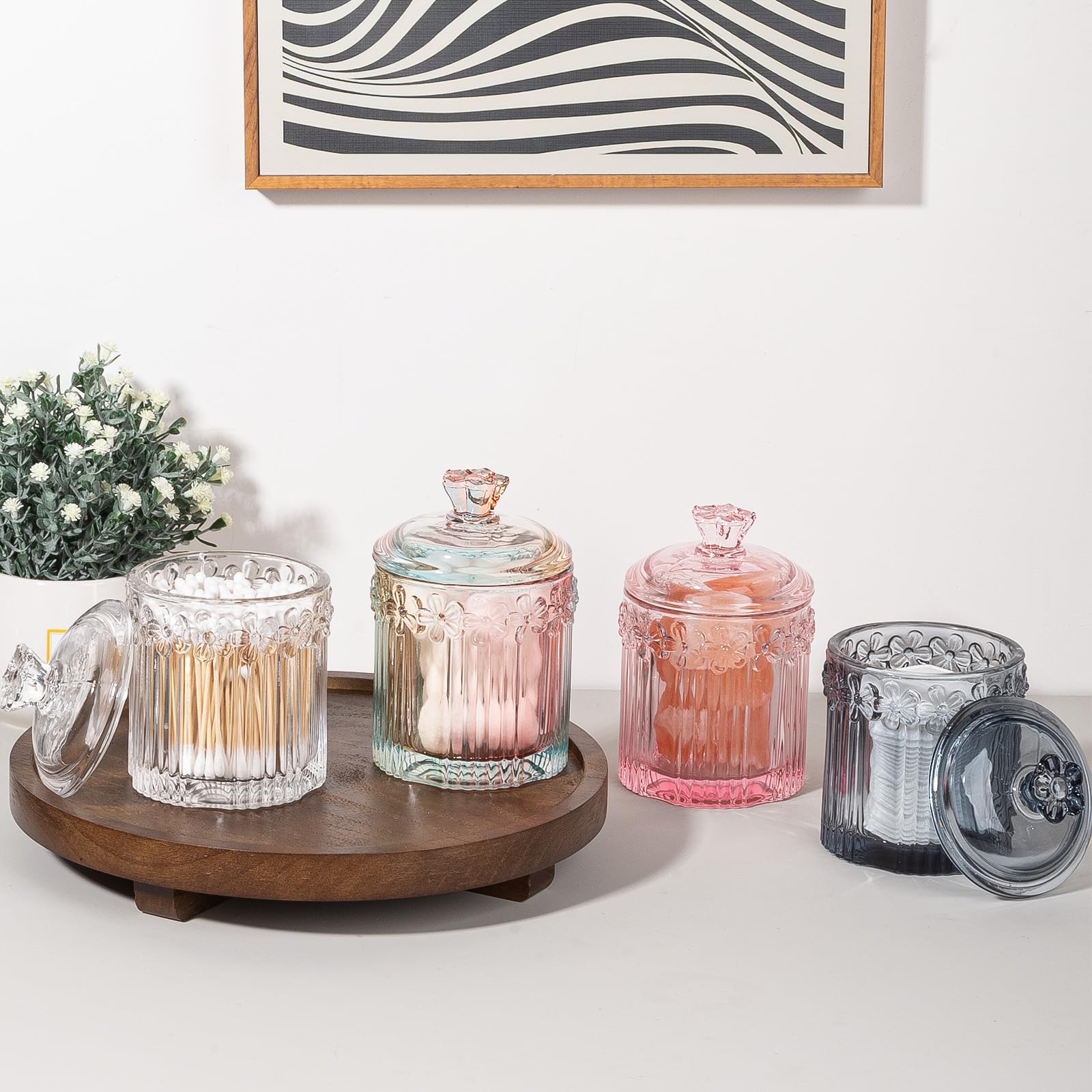 Qtip Holder Glass Apothecary Jars with Lids Set Bathroom Canisters Dispenser Organizers and Storage for Cotton Swabs, Balls, Pads, Floss Picks, Candy 2 Pack
