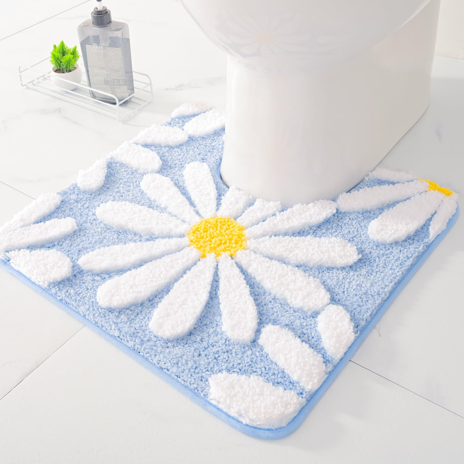 U Shaped Toilet Mat Cute Daisy Contour Bath Rug 20"x20", Extra Thick Soft Machine Washable Toilet Carpet, Non Slip Bathroom Floor Mats Super Absorbent Microfiber Bath Rugs