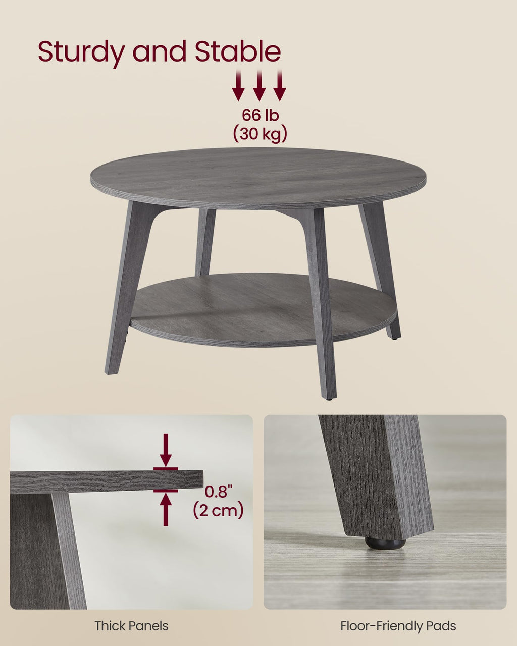 Round Coffee Table, 2 Tier Coffee Table with Storage, for Living Room, 31.5 x 17.7 Inches, Easy to Assemble