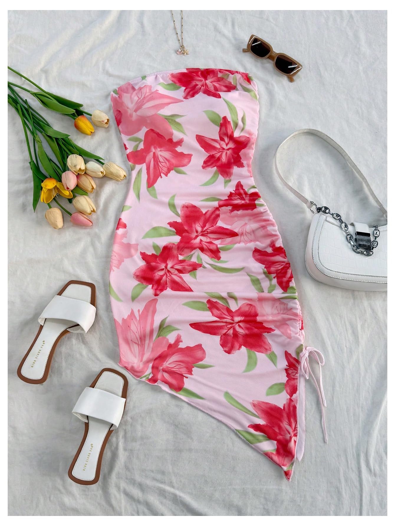 Women's Boho Floral Mini Tube Dress Ruched Asymmetrical Bodycon Dresses