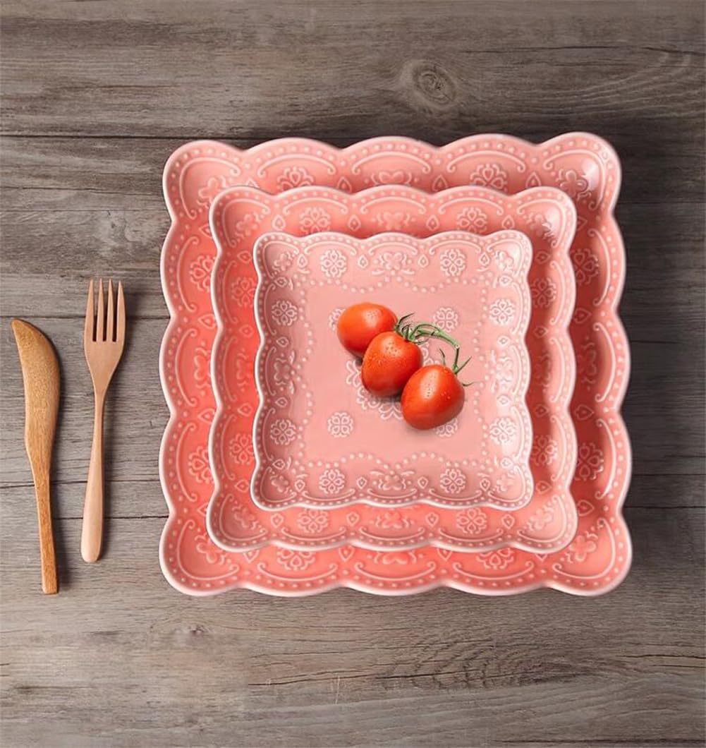 Elegant Square Embossed Lace Plate Bone China Dessert Plate Ceramic Plate Afternoon Tea