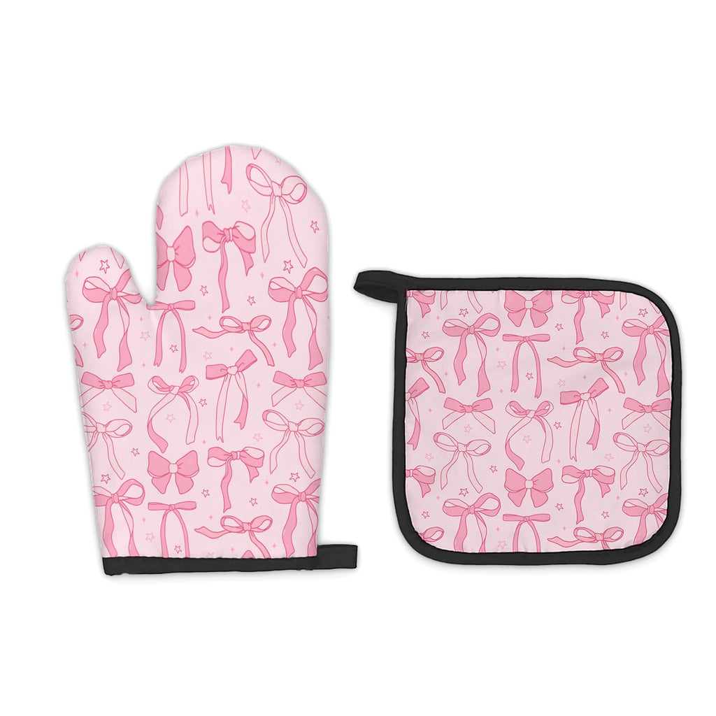 Pink Bow Coquette Decor Oven Mitts and Pot Holders Sets