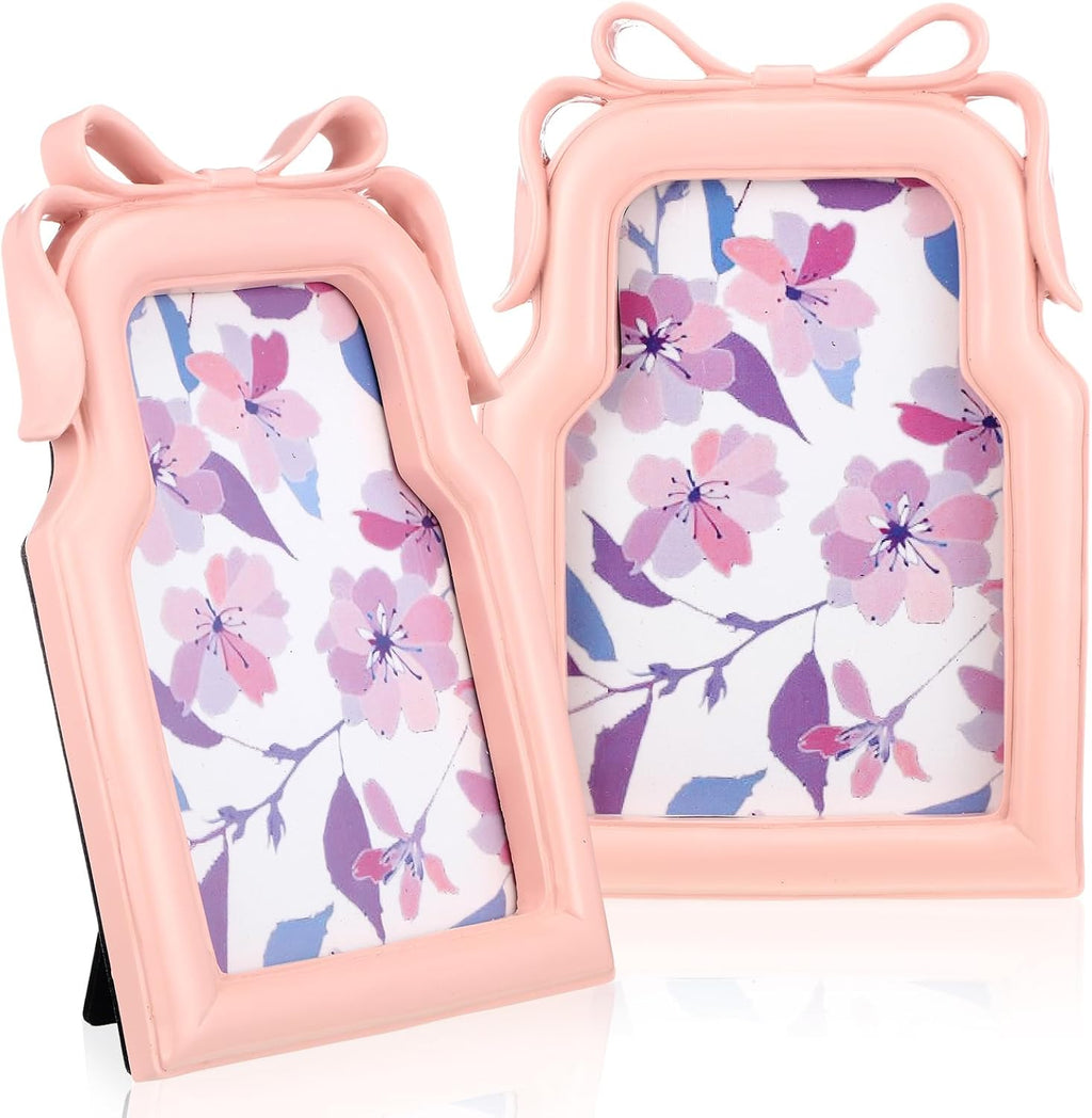 Pink Bow Picture Frame 4x6 Inch 3D Coquette Display Resin Photo Frames Cute Ribbon Bow Design 2 Pcs