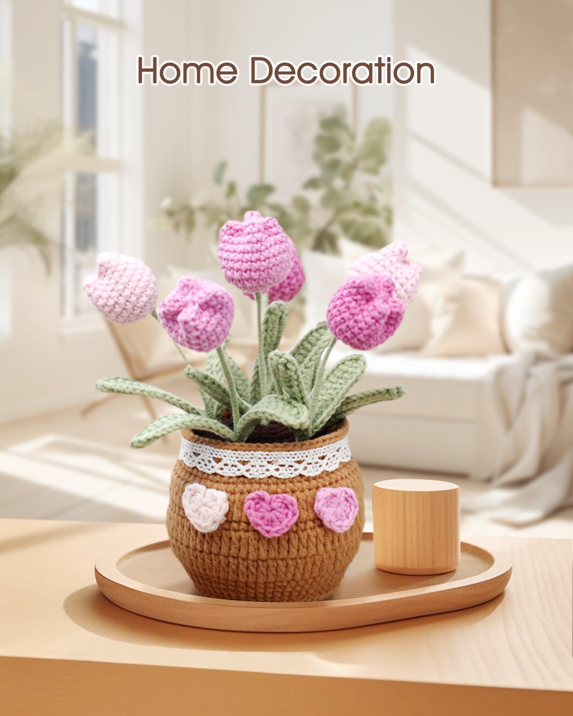 Crochet Tulip Potted Plant - Handmade Cotton Knitted Artificial Flowers, 6 Tulips Pot Plant with Bendable Leaves